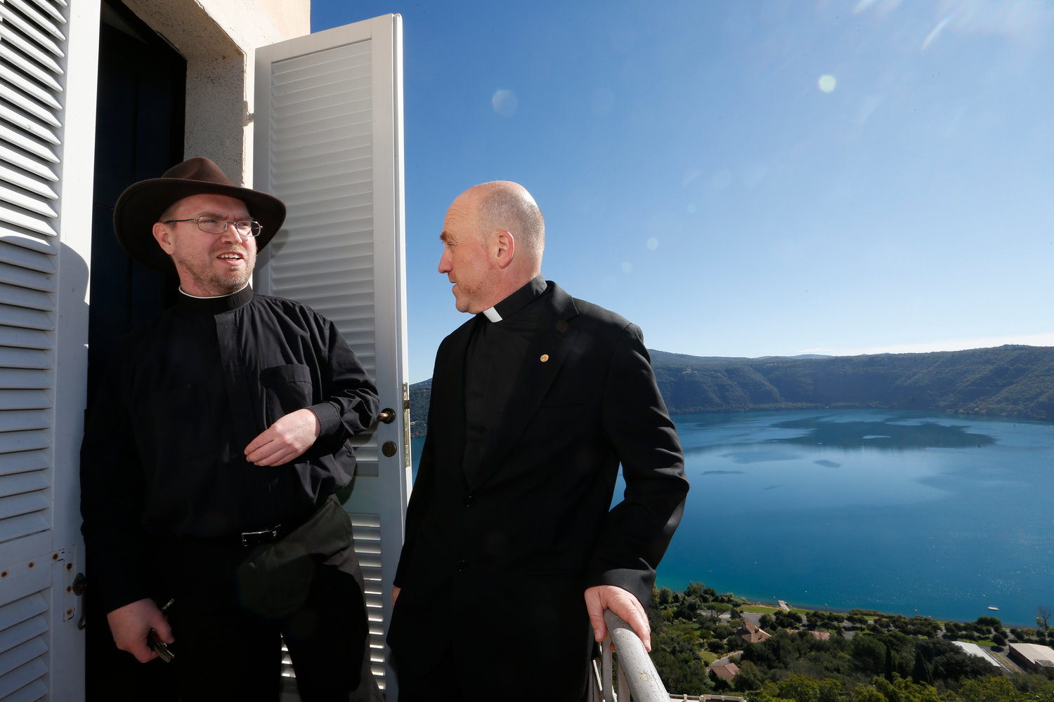 Jesuit Brother Bob Macke and Jesuit Father Gabriele Gionti, an astronomer, prepare to give journalists a tour of the Vatican Observatory at the papal villa at Castel Gandolfo, Italy, Sept. 28, 2018. Brother Macke said that by studying the universe, “we can better appreciate the God who created it.”